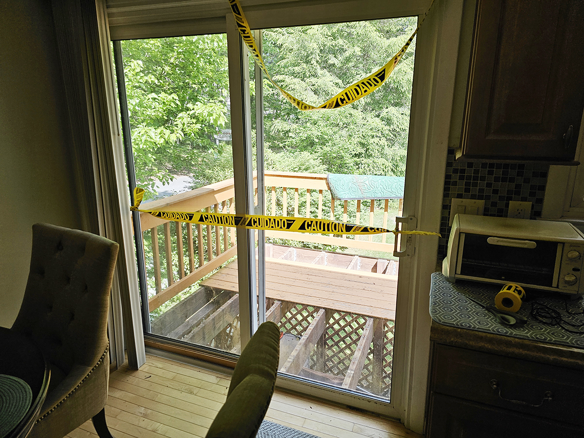 Interior access to deck blocked with caution tape